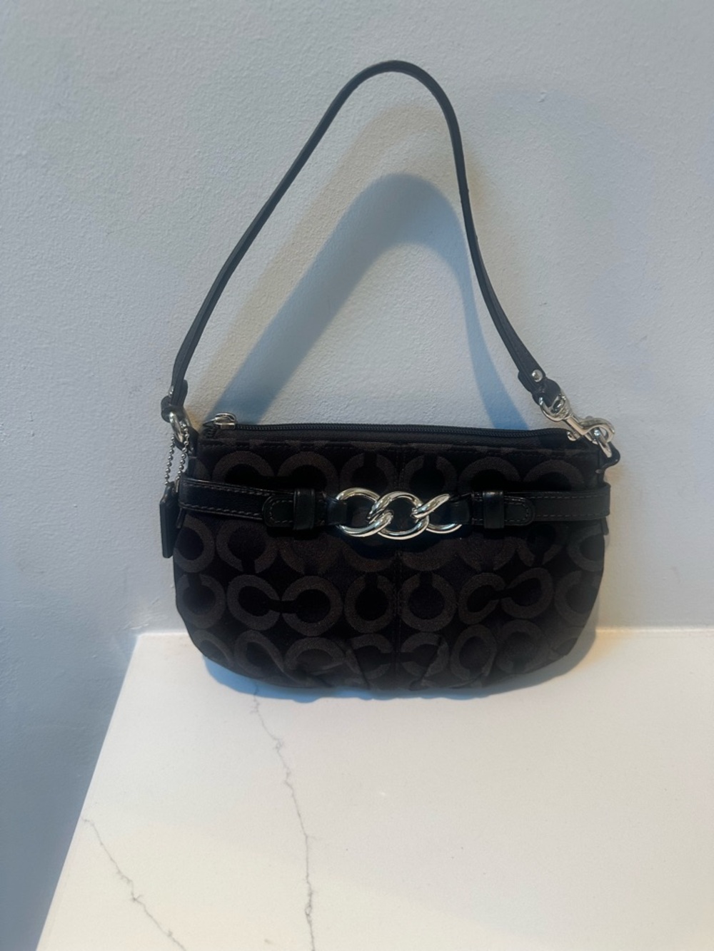 Coach Op Art Black Signature Jacquard wristlet or mini bag with hang tag